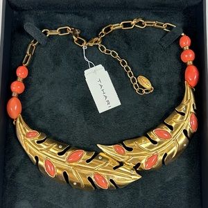 Tahari Vintage Tahiti Gold Tone with Coral Colored Beads and CZ Necklace